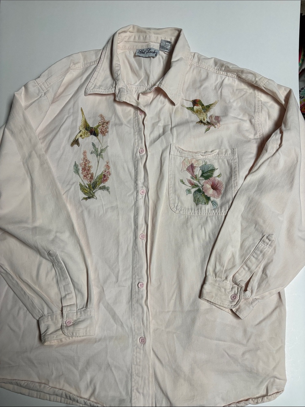 Vintage Get Lucky Pink Button-Down Shirt with Hummingbird & Floral Embroidery